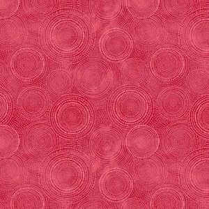 Pode incluir: Um padrão sem costura com um fundo vermelho vibrante, apresentando um design repetitivo de círculos concêntricos. Cada círculo é composto por pequenos pontos muito próximos, criando uma aparência texturizada. Os círculos variam em tamanho e sobrepõem-se.