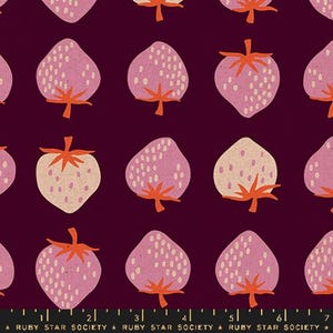 May include: A repeating pattern of stylized strawberries in shades of pink and cream with orange stems and leaves on a dark burgundy background. The design is reminiscent of a vintage fabric print.