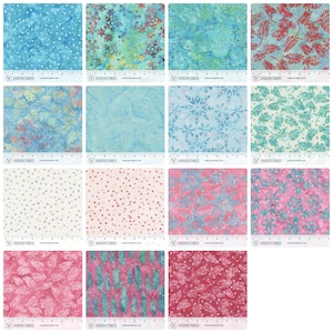 May include: A collection of fifteen fabric swatches featuring various patterns including snowflakes, ferns, and dots in shades of blue, pink, red, and white. Each square includes a white ruler at the bottom measuring up to 12.7 cm in length.