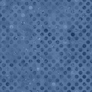 May include: A seamless fabric pattern featuring a repeating design of circular dots in varying shades of blue. The background has a textured, mottled appearance, while the dots exhibit a mix of solid and distressed, glittery blue finishes.