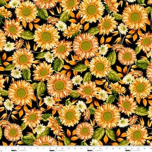 Autumn Fields - Black Sunflowers - By Art Loft For Studio E Fabrics - Sold By The Continuous Yard - In Stock And Ships Today
