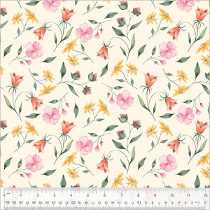 Peut inclure: Un motif sans couture représentant une variété de fleurs aquarelle dans des tons de rose, jaune et rouge sur un fond crème. Les fleurs comprennent des fleurs en forme de cloche, de petites fleurs jaunes et de plus grandes fleurs roses à cinq pétales.