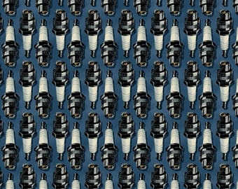 Born To Ride - Spark Plugs Denim - By Rosemarie Lavin For Windham Fabrics - Sold by the Yard and Cut Continuous - In Stock and Ships Today