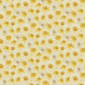 May include: A seamless pattern of yellow and white daisy-like flowers. The flowers have yellow centers and white petals, creating a dense, repeating floral design. The overall effect is bright and cheerful, suitable for various applications.