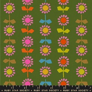 May include: Green fabric with a repeating pattern of stylized flowers in pink, yellow, and orange. The flowers are arranged in vertical rows with blue, brown, and yellow accents. The text "RUBY STAR SOCIETY" is at the bottom.