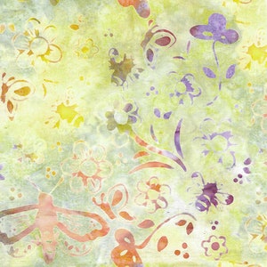 May include: A watercolor pattern with a light green background featuring a variety of floral and butterfly designs in shades of purple, yellow, orange, and red.