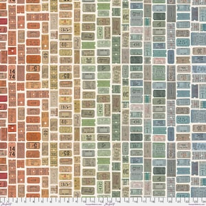 Peut inclure: Un motif de tissu avec un collage de billets vintage de différentes tailles et couleurs. Les billets affichent des numéros, des prix et du texte, dont "ADMIT ONE" et "CHECK". La palette de couleurs comprend des nuances de marron, vert, bleu et rouge.