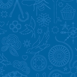 May include: A blue background with white line drawings of various symbols and designs. The designs include a sun, a star, a bird, a cupcake, a flower, a snowflake, and a compass.