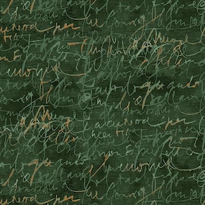 May include: Dark green background with overlapping cursive script in shades of green, gray, and orange. The script appears to be handwritten, creating a textured and layered effect. The overall design has a vintage or antique aesthetic.