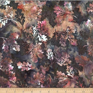 May include: Textile with an oak leaf design in brown, pink, and white hues set against a dark backdrop. The leaves have a detailed, textured look, creating a natural, organic pattern. Suitable for sewing and craft projects. Measurements are in inches.