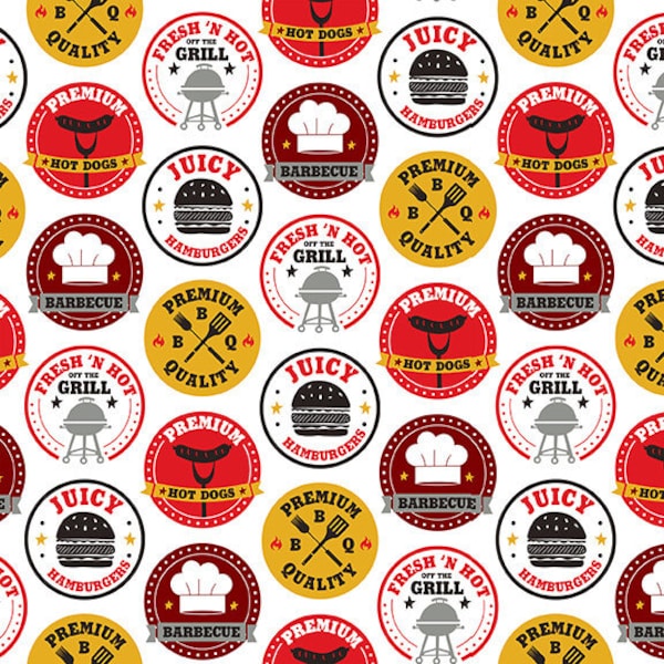 Peace, Love & BBQ - BBQ Stamps - By Emily Dumas For Henry Glass Co. - Sold by the Yard And Cut Continuous - In Stock And Ships Today