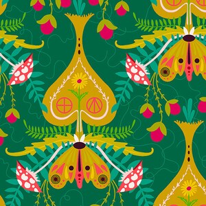 May include: A repeating pattern with gold, pink, and green stylized moths, mushrooms, and floral elements. The design features a dark green background with gold spade-like shapes. The overall aesthetic is whimsical and nature-inspired.