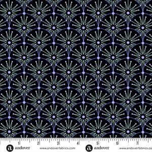 May include: A black and white fabric with a repeating pattern of stylized stars. The stars are outlined in white and have a light purple center. The fabric is shown with a ruler for scale.
