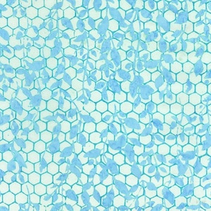 May include: A fabric with a repeating pattern of light blue leaves and a teal honeycomb design on a white background. The leaves are scattered across the surface, creating a natural, organic feel. The fabric is likely used for quilting or crafting.