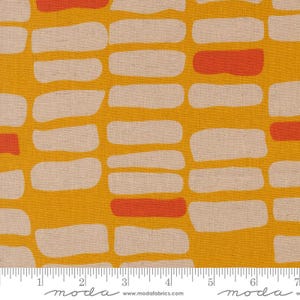 May include: Close-up of a fabric with a repeating pattern of beige and orange rectangular shapes on a yellow background. The fabric has a textured appearance. The pattern is reminiscent of an abstract design.