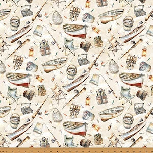 May include: A repeating pattern on a light beige background featuring watercolor illustrations of fishing gear including rowboats, fishing rods, tackle boxes, life vests, folding chairs, lanterns, buckets of fish, and fishing nets.