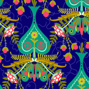 May include: A repeating pattern on a dark blue background. The design features teal vase-like shapes with yellow flowers, peace symbols, and red accents. The pattern also includes green and gold foliage, pink mushroom-like elements, and teal moth-like figures.