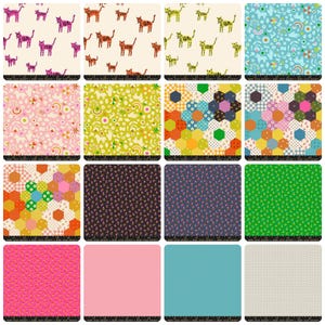 May include: A collection of fabric swatches with various patterns. Designs include tigers, floral arrangements, and geometric shapes. Colors range from pink and blue to green and orange. Each swatch has the text "RUBY STAR SOCIETY" at the bottom.