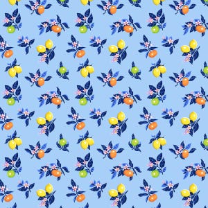 May include: A repeating pattern of citrus fruits and blossoms on a light blue background. The design features lemons, oranges, and green fruits with dark blue leaves and small white flowers. The pattern is evenly spaced and creates a cheerful, summery feel.