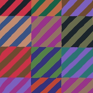 Może przedstawiać: Kolorowy, abstrakcyjny wzór przedstawiający siatkę kwadratów, z których każdy ma ukośne paski. Kwadraty prezentują różne kombinacje kolorów, w tym czerwony i czarny, zielony i pomarańczowy oraz fioletowy i brązowy. Projekt ma ręcznie malowaną estetykę.