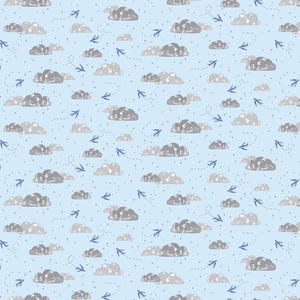 May include: A seamless pattern featuring a light blue background with gray clouds, small blue airplane icons, and tiny blue dots. The clouds vary in size and shape, creating a whimsical and airy design. The pattern is suitable for various applications, such as fabric or wallpaper.
