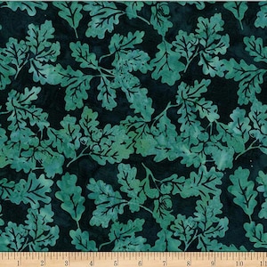 May include: Textile featuring a repeating pattern of green oak leaves against a dark backdrop. The leaves display a watercolour effect, with lighter green shading. Ideal for quilting, sewing, or various craft applications.