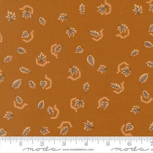 Può includere: Un tessuto di cotone con uno sfondo arancione bruciato a tinta unita caratterizzato da un motivo ripetitivo di piccole foglie grigio scuro e rametti color crema chiaro. In basso è visibile un righello bianco con misure in pollici fino a 7 pollici.