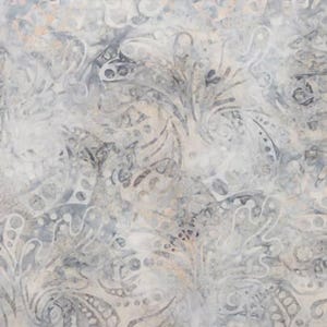May include: A fabric with a repeating pattern of swirling, stylized floral and abstract shapes in shades of white, gray, and beige. The design has a watercolor-like effect, with soft transitions between colors, creating a textured appearance.