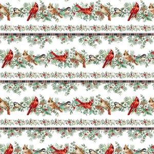 May include: A repeating pattern fabric featuring vibrant red cardinals and brown birds perched among green pine branches, holly leaves, and red berries. The design includes horizontal bands of plaid trim separating the rows of birds.