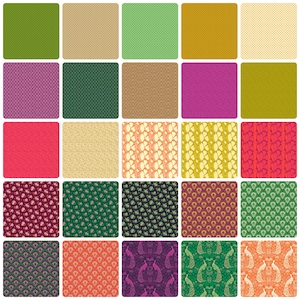 Può includere: Una collezione di 25 quadrati di tessuto con vari motivi, tra cui disegni floreali, geometrici e paisley. I quadrati sono in tonalità di verde, rosa, rosso, giallo e marrone.