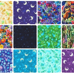 May include: A collection of fabric swatches featuring various patterns. Designs include floral arrangements, owls, paisley, moons and stars, and a starry night sky. The color palette is diverse, with shades of blue, green, purple, yellow, and red.