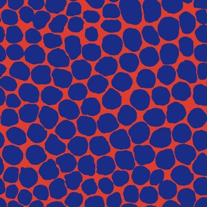 May include: A seamless pattern with a red background and blue circles. The circles are of varying sizes and are arranged in a random pattern.