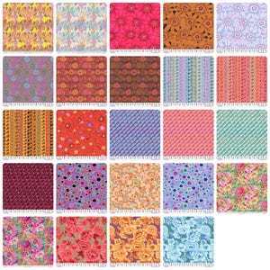 以下が含まれることがあります： さまざまな花柄や幾何学模様の生地見本コレクション。ピンク、オレンジ、青、緑など、さまざまな色合いの見本が並んでいます。各見本には、片側に定規が付いており、センチメートル単位の測定値を示しています。