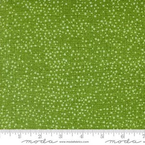 May include: Close-up of green fabric with a speckled pattern. The fabric has a grid-like texture with small, irregular white dots scattered across the surface. The color is a vibrant, spring-like green.