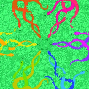 May include: A colourful psychedelic illustration showing snakes in a circular pattern. The snakes, in shades of red, orange, yellow, green, blue, purple, and pink, are set against a green floral background.
