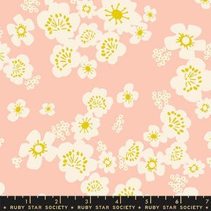 May include: A fabric featuring a floral pattern of white and yellow flowers on a pale pink backdrop. The flowers are stylized. The text "RUBY STAR SOCIETY" is at the bottom of the image.