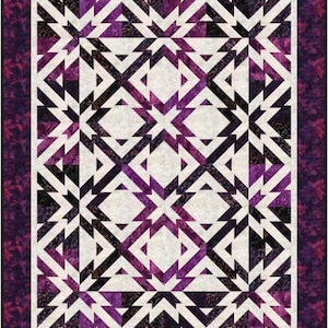 May include: A rectangular quilt featuring a geometric star pattern in shades of deep purple, black, and off-white. The central design consists of repeating star motifs surrounded by a dark purple border with a subtle floral print pattern.