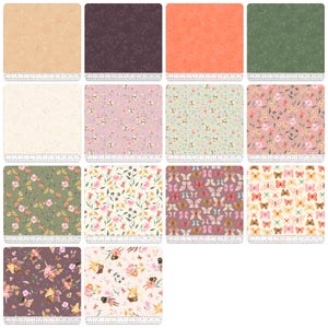 Pode incluir: Um conjunto de 12 quadrados de tecido com vários padrões florais e de borboletas. Os padrões incluem cores rosa, verde, branco e marrom. Os quadrados de tecido são perfeitos para acolchoar, artesanato e outros projetos de costura.