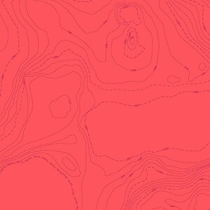 May include: A topographic map design in shades of red and purple. The map features contour lines indicating elevation changes across a landscape. The background is a solid, vibrant red, providing a striking contrast to the detailed purple lines.