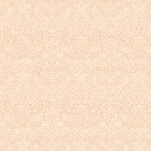 May include: A repeating pattern in a pale peach hue. The design showcases a detailed floral and foliage arrangement, with intricate leaf and flower forms. The overall impression is of a delicate, vintage-style design, ideal for wallpaper or textiles.