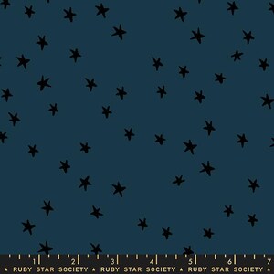 May include: Teal fabric featuring a random arrangement of black star shapes. The stars are of varying sizes and appear hand-drawn, giving a playful, starry night effect. Ideal for crafting, clothing, or home textiles.