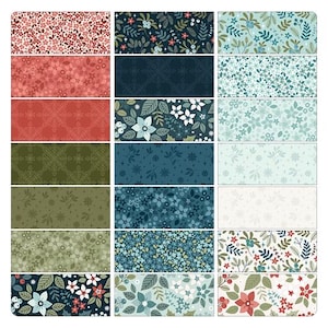 May include: A collection of rectangular fabric swatches featuring various floral and botanical patterns. The color palette includes shades of red, pink, green, blue, and white. Designs range from small, dense floral prints to larger, more open botanical arrangements.