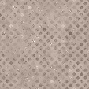 May include: A seamless pattern featuring a light taupe background with a grid of evenly spaced circles. The circles alternate between a solid matte taupe finish and a textured, shimmering metallic silver foil effect, creating a subtle contrast.