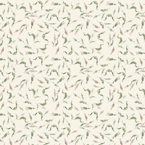 May include: A seamless pattern featuring delicate green leaves and small pink flower buds on a cream background. The pattern is perfect for creating a botanical or floral design.