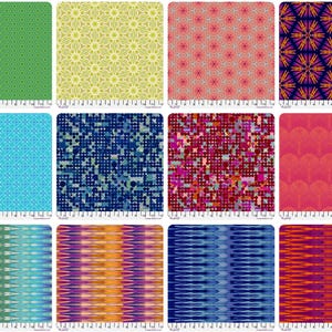 May include: A grid of twelve square fabric swatches featuring diverse geometric and abstract patterns in vibrant colors including green, yellow, red, blue, and orange. Each swatch is aligned with a 12-inch ruler along the bottom edge.