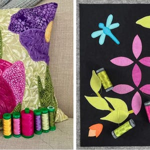 Peut inclure: Un coussin décoratif avec un motif floral dans les tons de rose, de violet et de jaune. L'image présente également un fond noir avec des motifs floraux et libellules, ainsi que des fils colorés. Le coussin est orné de divers fils.