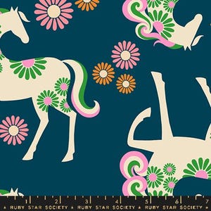 May include: A teal blue fabric with a repeating pattern of white horses with green and pink floral accents. The horses are stylised and have a whimsical feel.