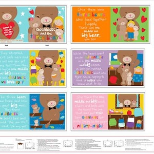 May include: A colorful children's book with illustrations of three bears and a girl named Goldilocks. The book tells the story of Goldilocks and the three bears. The text on the cover reads "Goldilocks and the Three Bears".