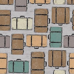 Pode incluir: Um padrão sem costura que apresenta malas vintage em várias cores e designs, incluindo marrom, bege, verde e cinza. As malas têm alças de couro e detalhes metálicos. O fundo é cinza claro.