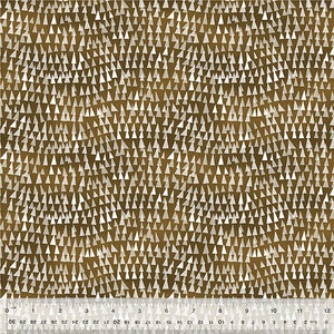 May include: A brown fabric with a white triangle pattern. The fabric is measured with a ruler in inches.